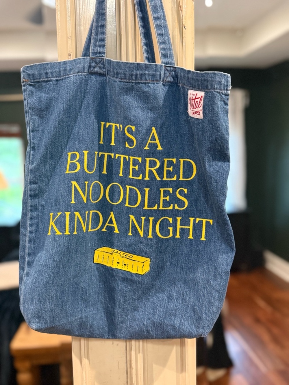 Farmers Market Tote Bag with Yellow 'Buttered Noodles' Print